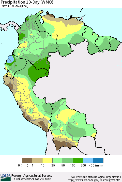 Northern South America Precipitation 10-Day (WMO) Thematic Map For 5/1/2023 - 5/10/2023