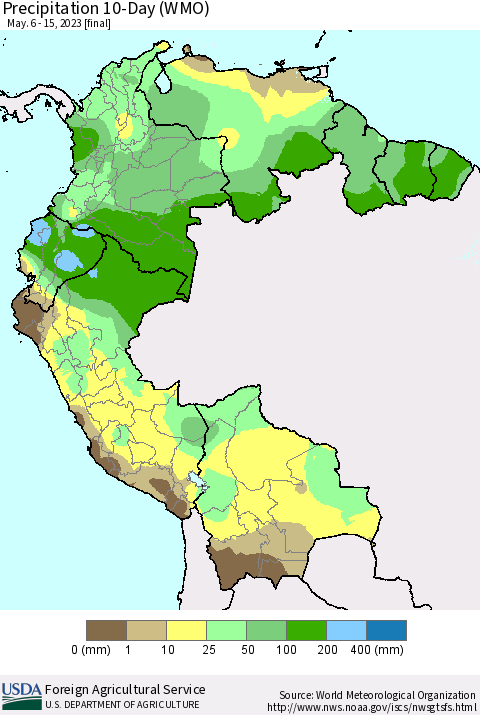 Northern South America Precipitation 10-Day (WMO) Thematic Map For 5/6/2023 - 5/15/2023