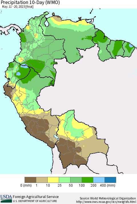 Northern South America Precipitation 10-Day (WMO) Thematic Map For 5/11/2023 - 5/20/2023
