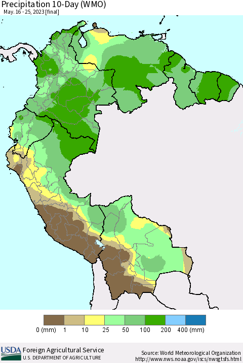 Northern South America Precipitation 10-Day (WMO) Thematic Map For 5/16/2023 - 5/25/2023