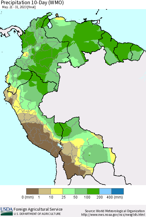 Northern South America Precipitation 10-Day (WMO) Thematic Map For 5/21/2023 - 5/31/2023