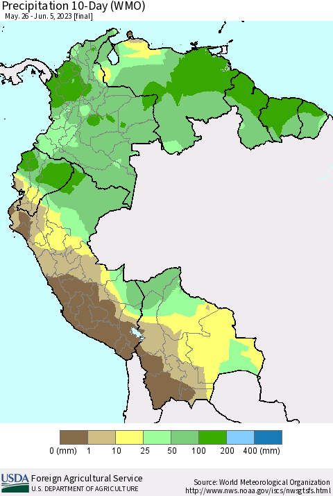 Northern South America Precipitation 10-Day (WMO) Thematic Map For 5/26/2023 - 6/5/2023
