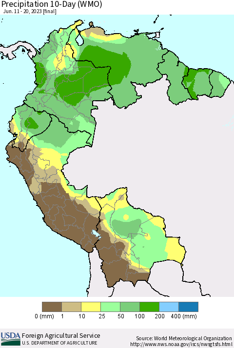 Northern South America Precipitation 10-Day (WMO) Thematic Map For 6/11/2023 - 6/20/2023