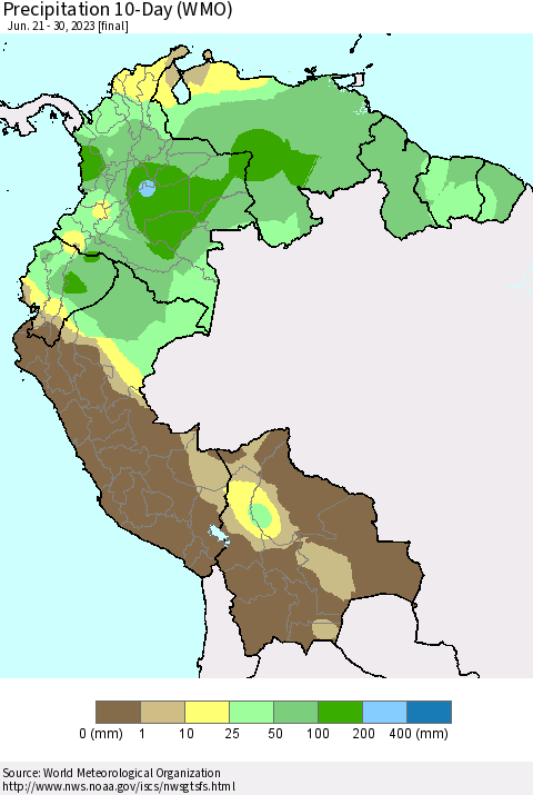 Northern South America Precipitation 10-Day (WMO) Thematic Map For 6/21/2023 - 6/30/2023