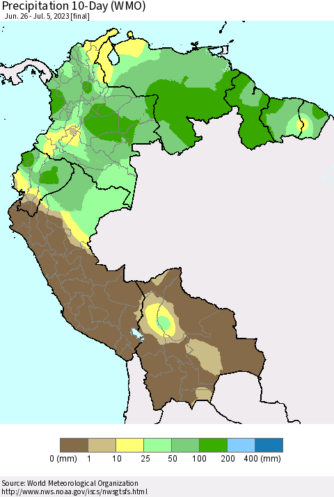 Northern South America Precipitation 10-Day (WMO) Thematic Map For 6/26/2023 - 7/5/2023