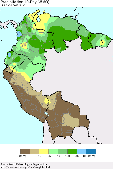 Northern South America Precipitation 10-Day (WMO) Thematic Map For 7/1/2023 - 7/10/2023