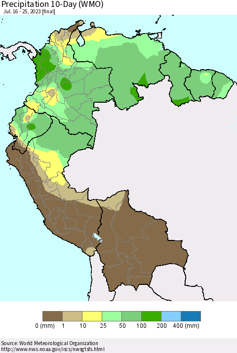 Northern South America Precipitation 10-Day (WMO) Thematic Map For 7/16/2023 - 7/25/2023