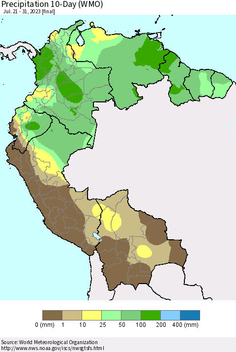 Northern South America Precipitation 10-Day (WMO) Thematic Map For 7/21/2023 - 7/31/2023