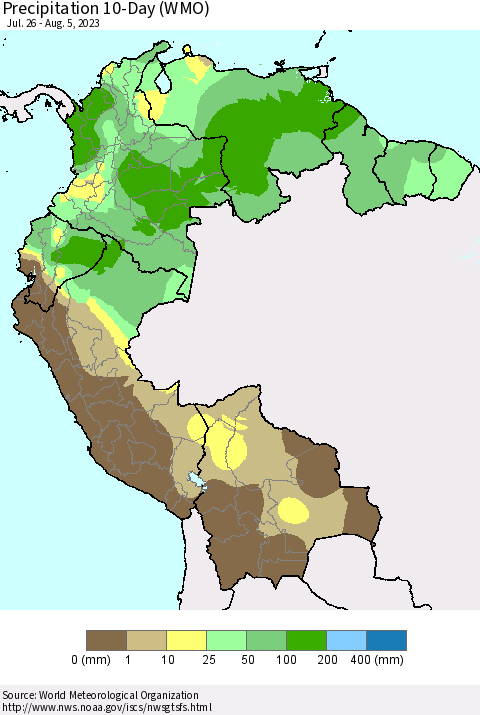 Northern South America Precipitation 10-Day (WMO) Thematic Map For 7/26/2023 - 8/5/2023