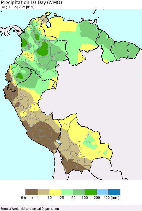 Northern South America Precipitation 10-Day (WMO) Thematic Map For 8/11/2023 - 8/20/2023