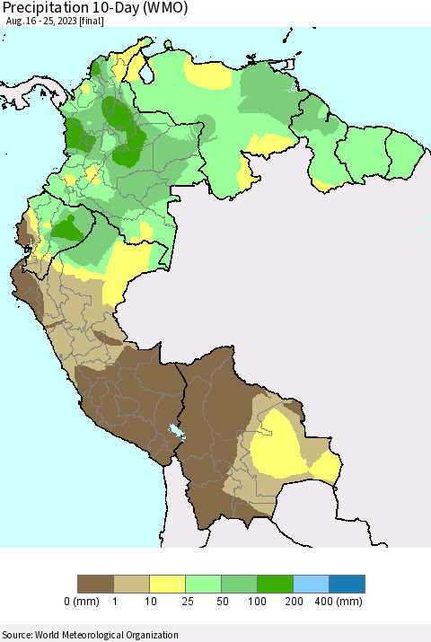 Northern South America Precipitation 10-Day (WMO) Thematic Map For 8/16/2023 - 8/25/2023