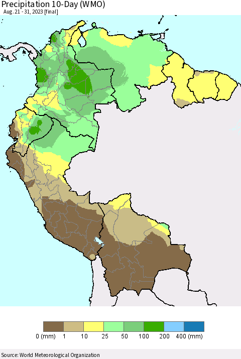 Northern South America Precipitation 10-Day (WMO) Thematic Map For 8/21/2023 - 8/31/2023