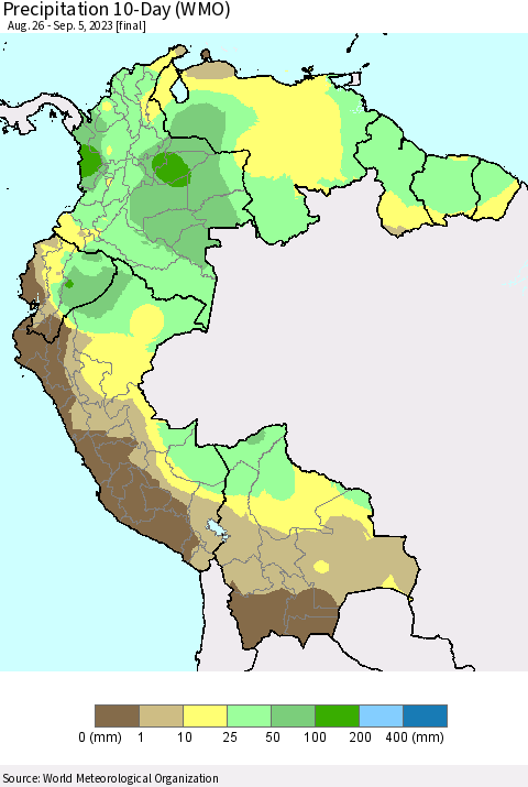 Northern South America Precipitation 10-Day (WMO) Thematic Map For 8/26/2023 - 9/5/2023