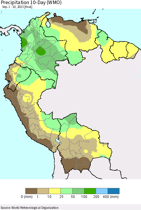Northern South America Precipitation 10-Day (WMO) Thematic Map For 9/1/2023 - 9/10/2023