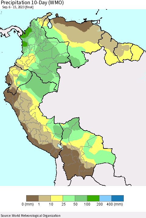 Northern South America Precipitation 10-Day (WMO) Thematic Map For 9/6/2023 - 9/15/2023