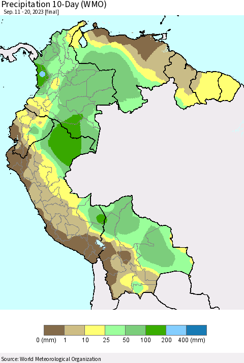 Northern South America Precipitation 10-Day (WMO) Thematic Map For 9/11/2023 - 9/20/2023