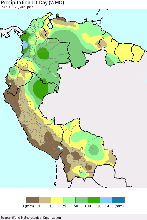 Northern South America Precipitation 10-Day (WMO) Thematic Map For 9/16/2023 - 9/25/2023