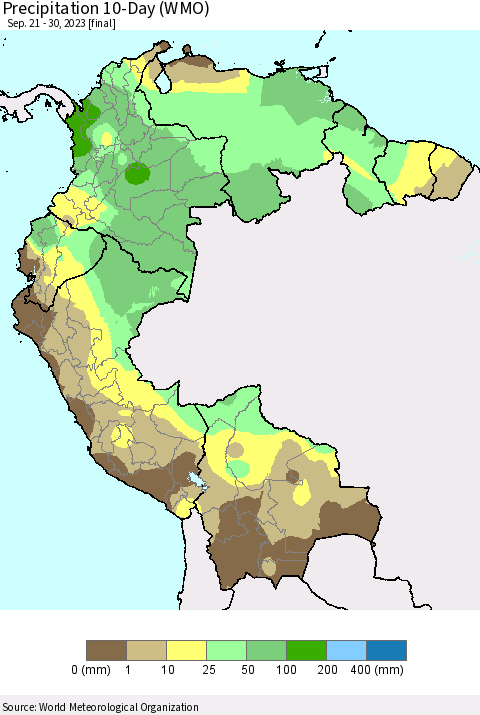 Northern South America Precipitation 10-Day (WMO) Thematic Map For 9/21/2023 - 9/30/2023