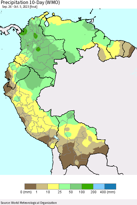 Northern South America Precipitation 10-Day (WMO) Thematic Map For 9/26/2023 - 10/5/2023