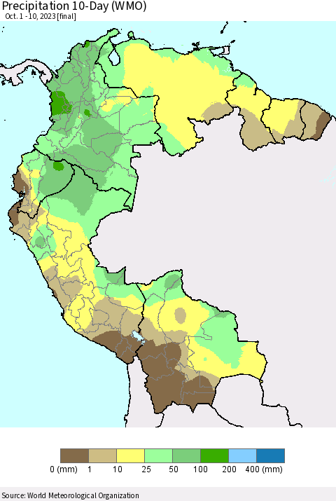 Northern South America Precipitation 10-Day (WMO) Thematic Map For 10/1/2023 - 10/10/2023