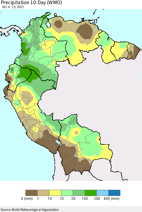 Northern South America Precipitation 10-Day (WMO) Thematic Map For 10/6/2023 - 10/15/2023