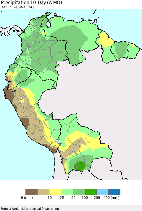 Northern South America Precipitation 10-Day (WMO) Thematic Map For 10/16/2023 - 10/25/2023