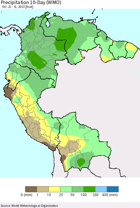 Northern South America Precipitation 10-Day (WMO) Thematic Map For 10/21/2023 - 10/31/2023