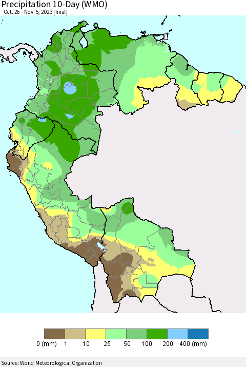 Northern South America Precipitation 10-Day (WMO) Thematic Map For 10/26/2023 - 11/5/2023