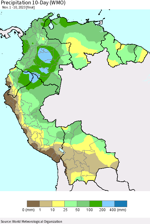 Northern South America Precipitation 10-Day (WMO) Thematic Map For 11/1/2023 - 11/10/2023