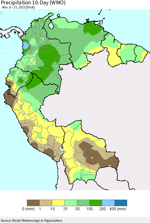 Northern South America Precipitation 10-Day (WMO) Thematic Map For 11/6/2023 - 11/15/2023