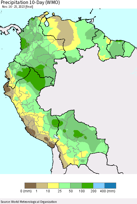 Northern South America Precipitation 10-Day (WMO) Thematic Map For 11/16/2023 - 11/25/2023