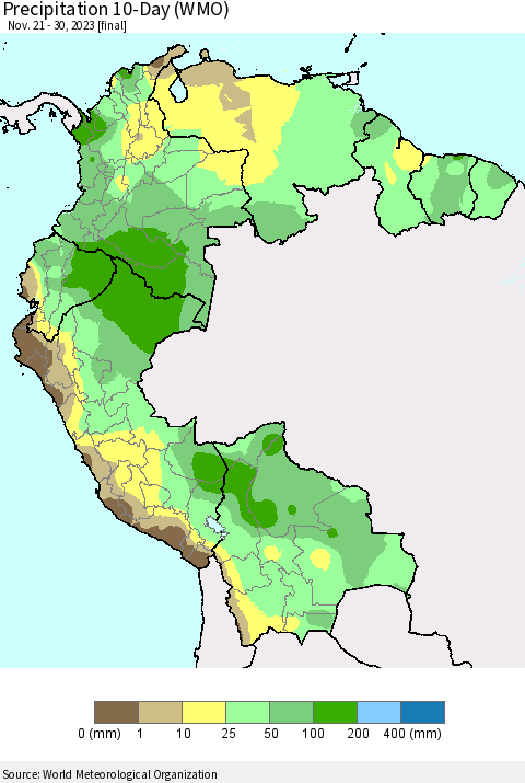 Northern South America Precipitation 10-Day (WMO) Thematic Map For 11/21/2023 - 11/30/2023