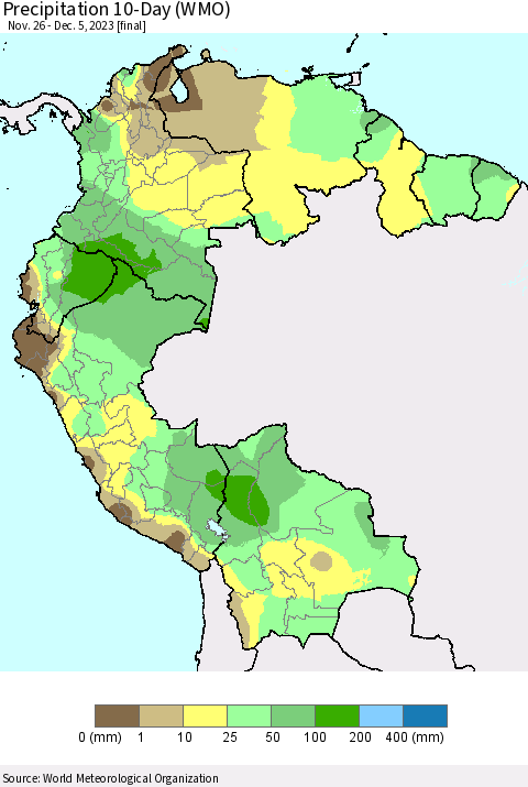 Northern South America Precipitation 10-Day (WMO) Thematic Map For 11/26/2023 - 12/5/2023