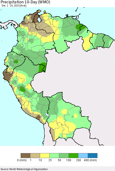 Northern South America Precipitation 10-Day (WMO) Thematic Map For 12/1/2023 - 12/10/2023