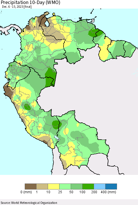 Northern South America Precipitation 10-Day (WMO) Thematic Map For 12/6/2023 - 12/15/2023