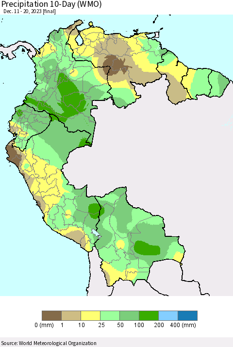 Northern South America Precipitation 10-Day (WMO) Thematic Map For 12/11/2023 - 12/20/2023