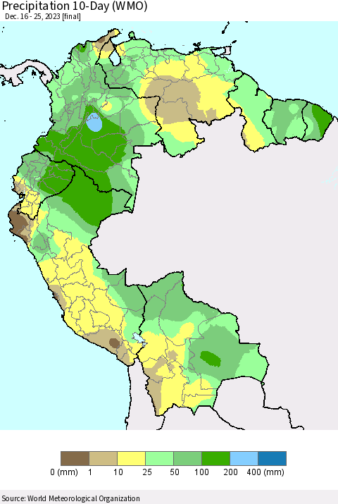 Northern South America Precipitation 10-Day (WMO) Thematic Map For 12/16/2023 - 12/25/2023
