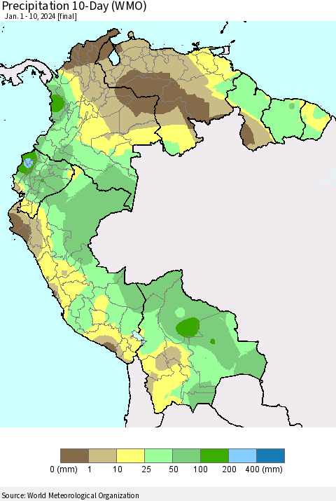 Northern South America Precipitation 10-Day (WMO) Thematic Map For 1/1/2024 - 1/10/2024