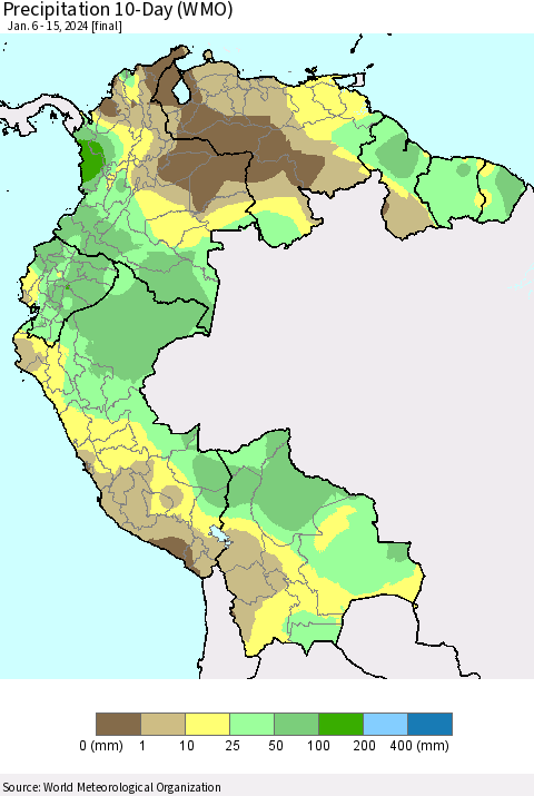 Northern South America Precipitation 10-Day (WMO) Thematic Map For 1/6/2024 - 1/15/2024