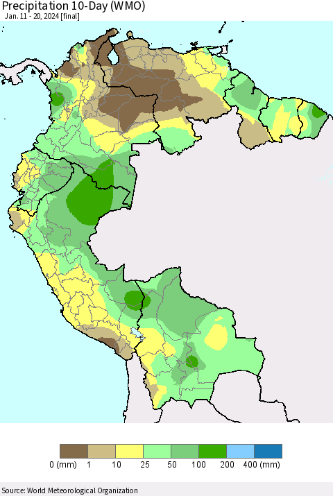 Northern South America Precipitation 10-Day (WMO) Thematic Map For 1/11/2024 - 1/20/2024