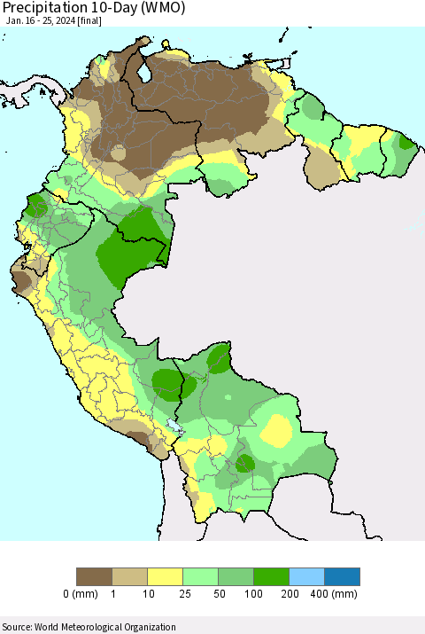 Northern South America Precipitation 10-Day (WMO) Thematic Map For 1/16/2024 - 1/25/2024