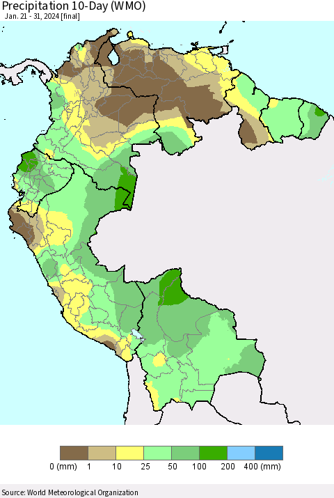 Northern South America Precipitation 10-Day (WMO) Thematic Map For 1/21/2024 - 1/31/2024