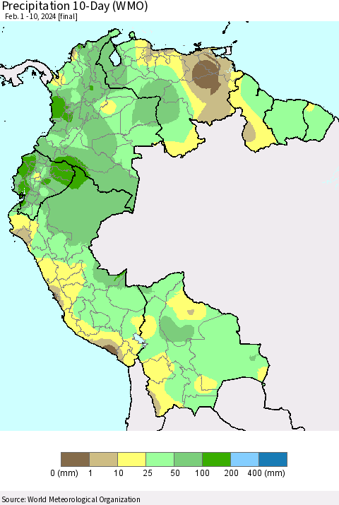 Northern South America Precipitation 10-Day (WMO) Thematic Map For 2/1/2024 - 2/10/2024