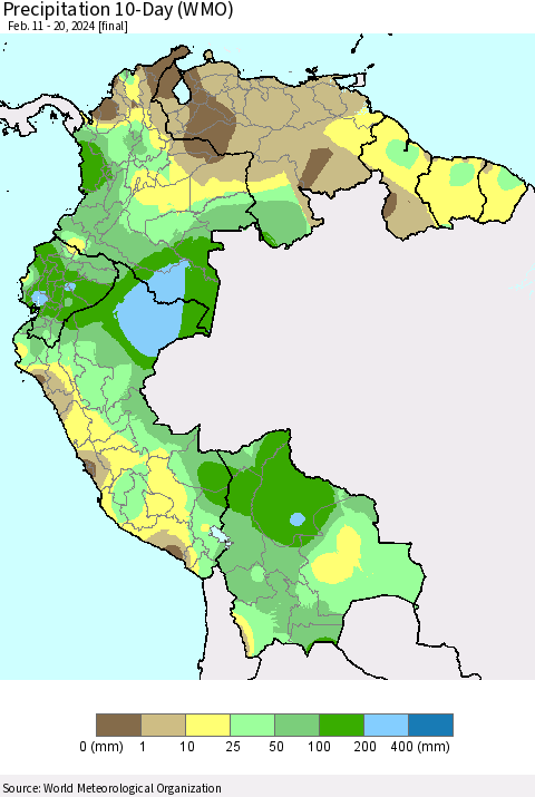Northern South America Precipitation 10-Day (WMO) Thematic Map For 2/11/2024 - 2/20/2024