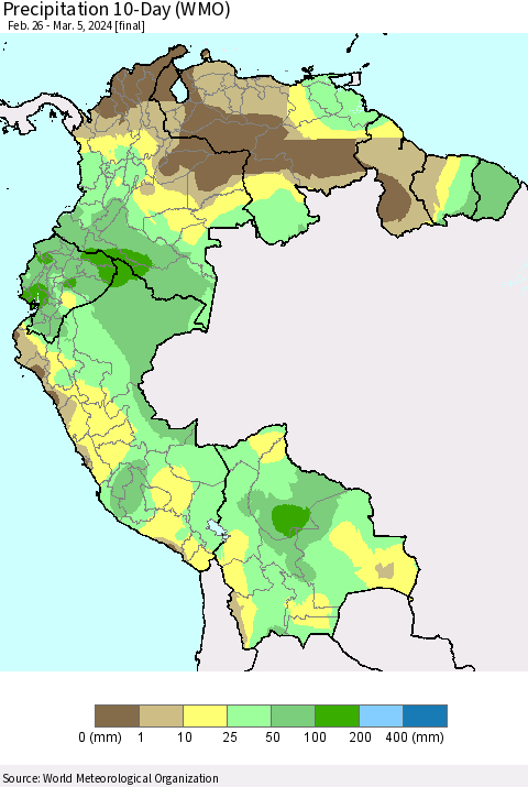Northern South America Precipitation 10-Day (WMO) Thematic Map For 2/26/2024 - 3/5/2024