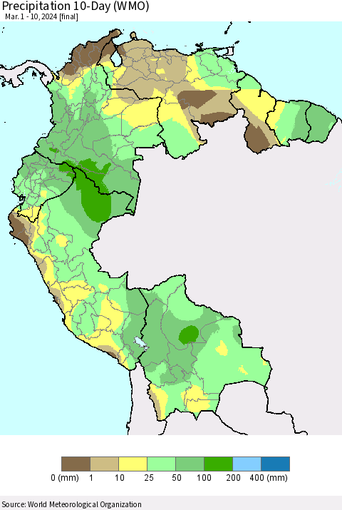 Northern South America Precipitation 10-Day (WMO) Thematic Map For 3/1/2024 - 3/10/2024