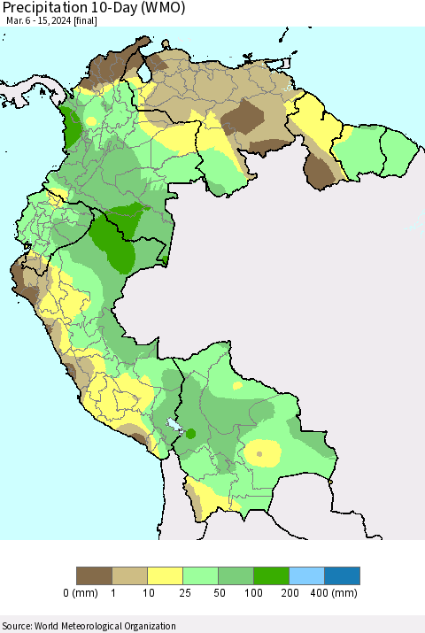 Northern South America Precipitation 10-Day (WMO) Thematic Map For 3/6/2024 - 3/15/2024