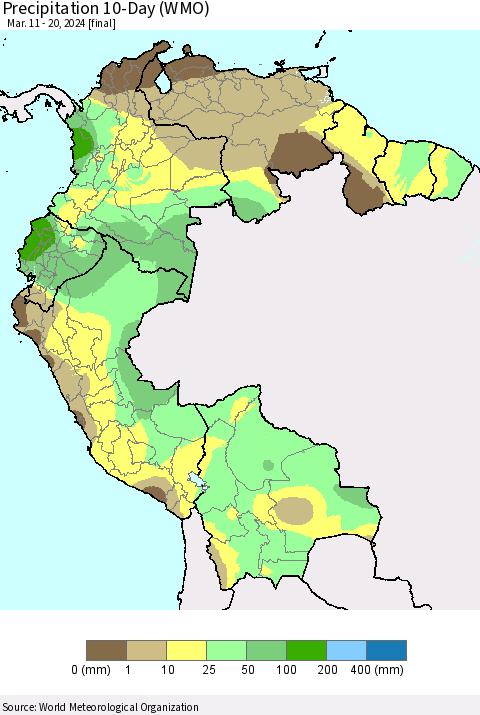 Northern South America Precipitation 10-Day (WMO) Thematic Map For 3/11/2024 - 3/20/2024