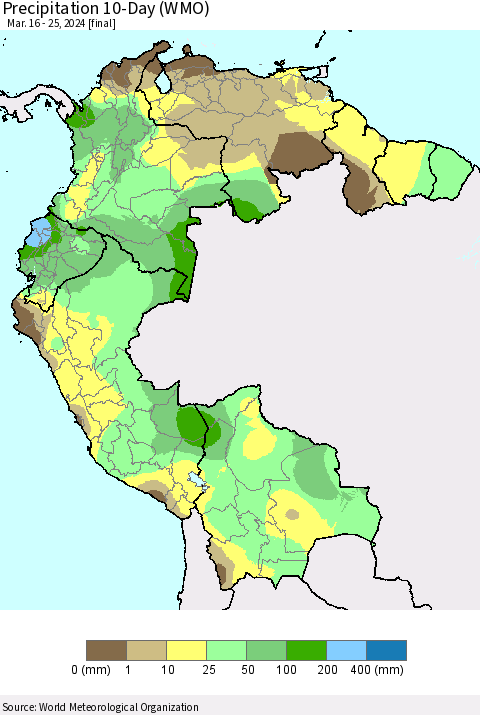 Northern South America Precipitation 10-Day (WMO) Thematic Map For 3/16/2024 - 3/25/2024