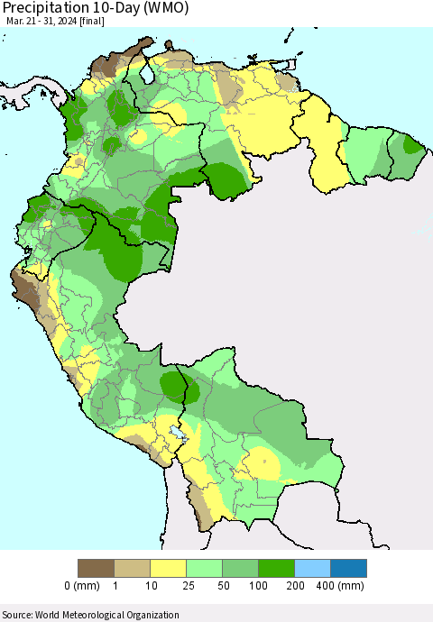Northern South America Precipitation 10-Day (WMO) Thematic Map For 3/21/2024 - 3/31/2024
